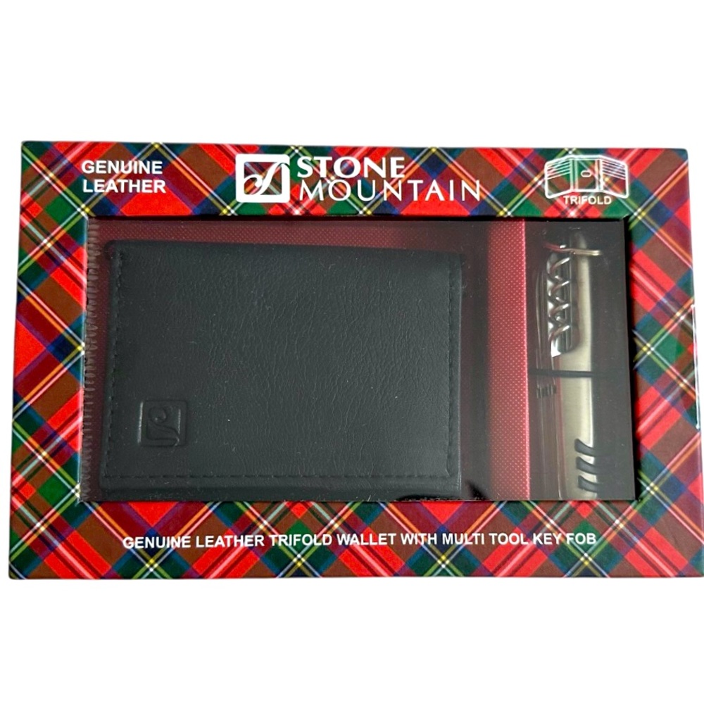 NEW Stone Mountain Black Leather Trifold Wallet w Multi Tool Key Fob
